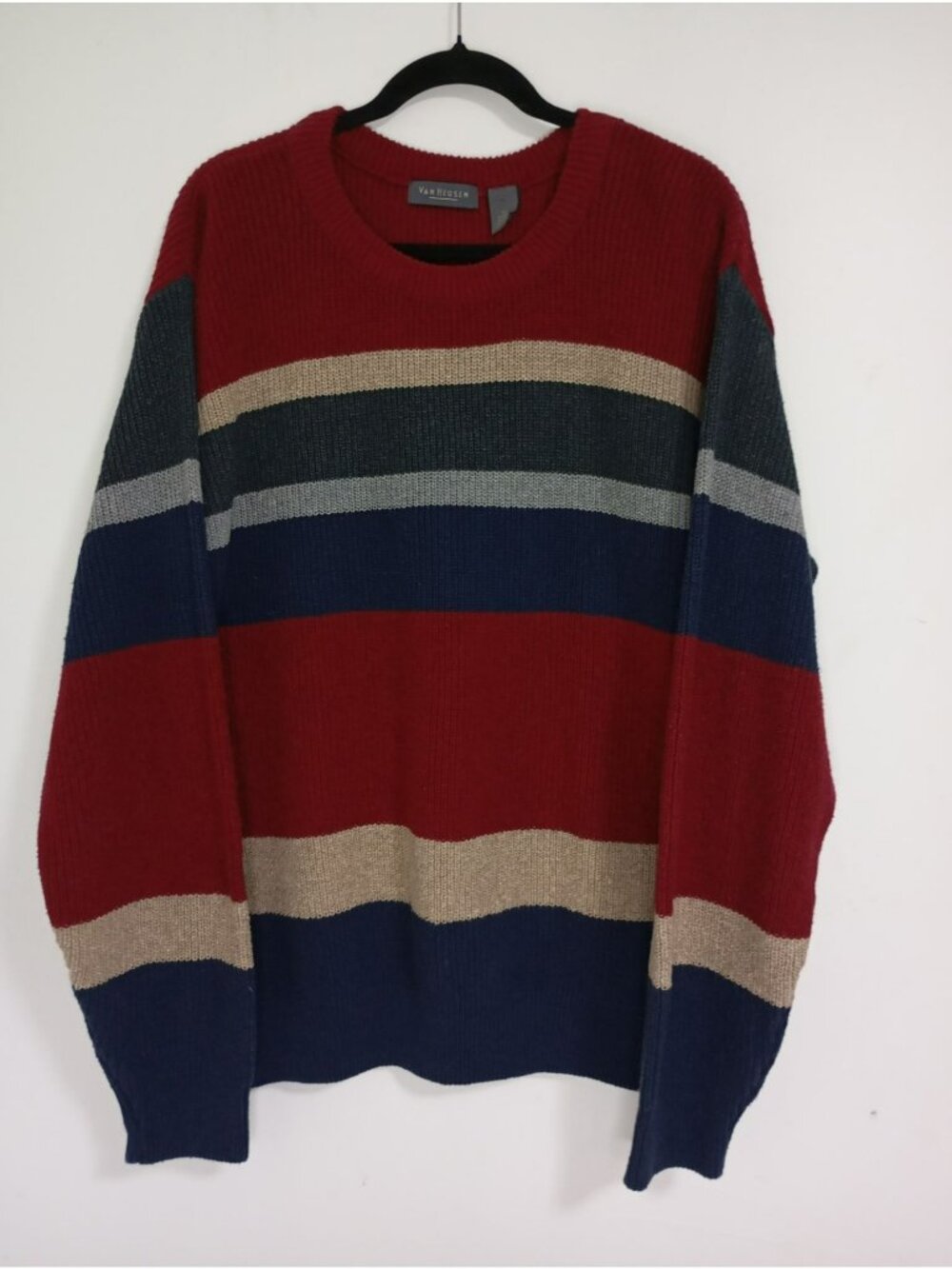Van Heusen Mens Striped Knit Sweater XL Red Beige Navy Acrylic Blend